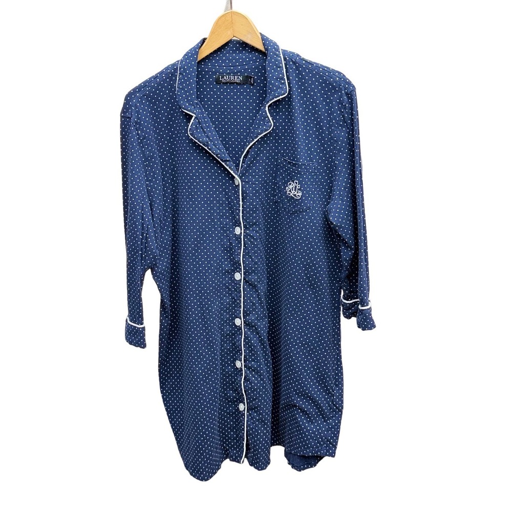 Ralph Lauren Polka Dot 100% Cotton Sleep Shirt Large Nightgown Navy Soft Lounge - Picture 2 of 9